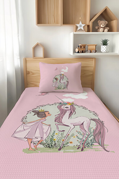 Talia Home Pink Princess and Horse Patterned Single Children's Pique Set Tlap-324
