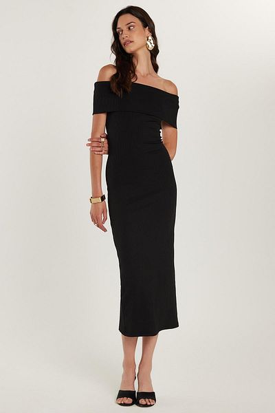 Tudors Rochie neagră de damă, slim fit, fără bretele, lungime midi