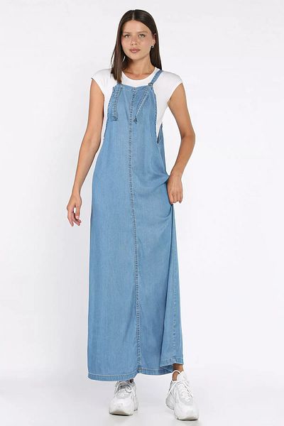GÜLSELİ Rochie de damă albastră din denim cu bretele reglabile