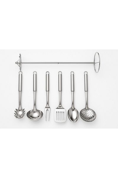 Vadi 6 Piece Stainless Steel Kitchen Utensil Set with Hanger - Ladle, Colander, Spatula