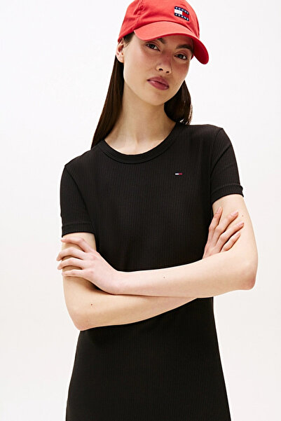 Tommy Hilfiger Kadın Fitilli Vücudu Saran Slim Fit Midi Elbise - Siyah