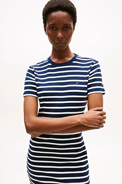 Tommy Hilfiger Kadın Slim Fit Çizgili Mini T-Shirt Elbise - Lacivert/Beyaz