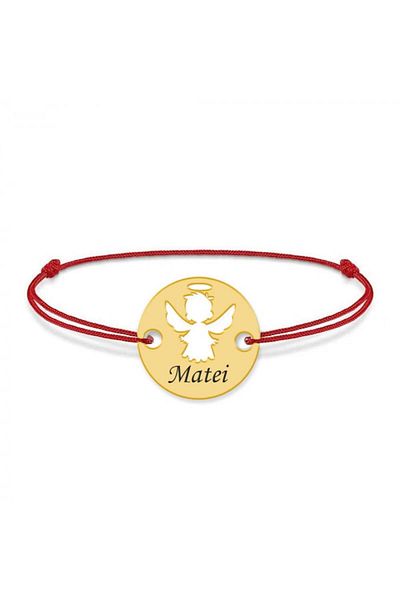 saratremo Înger - Brățară personalizată cu șnur și disc angelic gravat din argint 925 placat cu galben de 24K