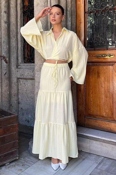 GÜLSELİ Yellow Women's Tie-Up Blouse Skirt Double Set (Lining Is Recommended for Use)