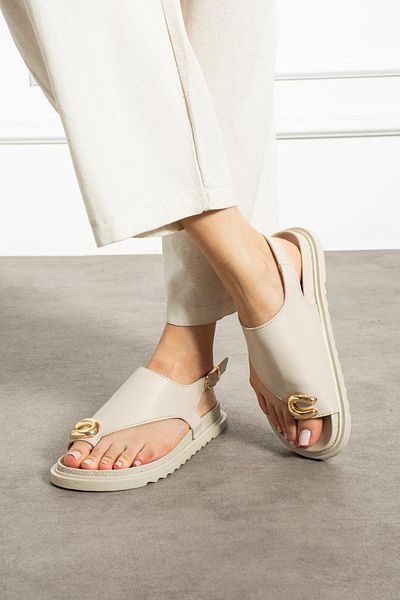 ShoeTek Wespa Women's Slippers Flip Flops Buckle Beige Leather