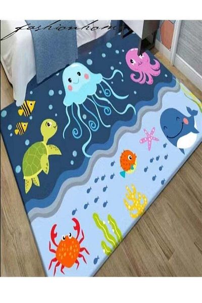 Raffine Classic Cartoon Ocean Animal Theme Baby Play Mat Kids Room Carpet Super Absorbent Decoration Rug for