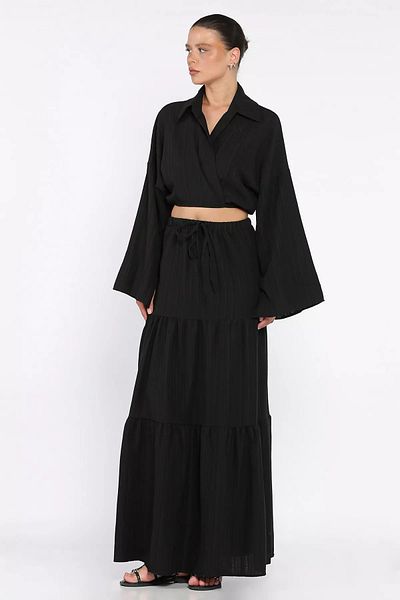 GÜLSELİ Black Women's Tie-Up Blouse Skirt Double Set (Lining Is Recommended for Use)