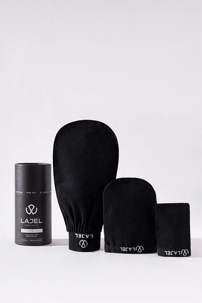 Lajel Premium Black 3-Piece Pouch Set, Exfoliating Glove, Facial Scrub Flush Silk Normal, Medium, Sensitive Skin