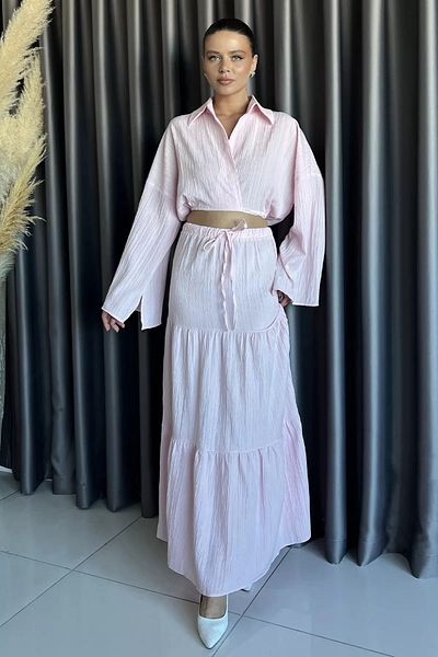 GÜLSELİ Pink Women's Tie-Up Blouse Skirt Double Set (Lining Is Recommended for Use)