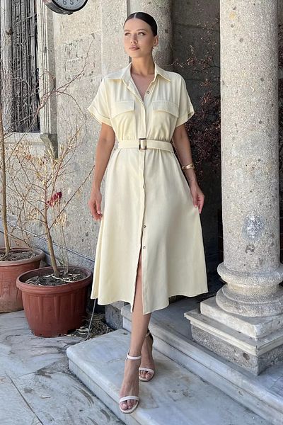 GÜLSELİ Ecru Front Button Belted Short Sleeve Dress