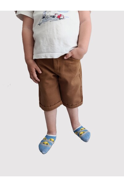 minilkabebe gabardin erkek çocuk cepli şort kahverengi