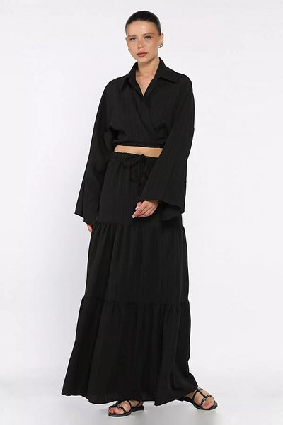 GÜLSELİ Black Women's Tie-Up Blouse Skirt Double Set (Lining Is Recommended for Use)