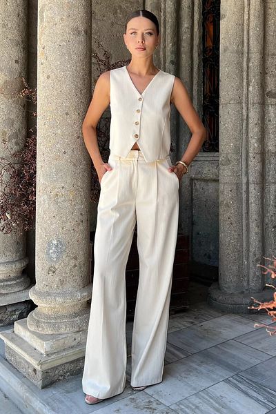 GÜLSELİ Stone Women's Lined Vest Trousers Double Linen Suit
