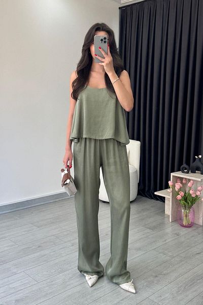 ECEMİ Isla Khaki Premium Modal Blouse Pants Set