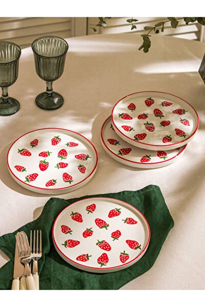 LC Waikiki LCW HOME Karişik Çilek Baskılı Seramik Pasta Tabağı 4'lü 20 cm