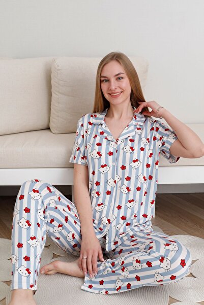 pijamacity Kadın Beş Düğmeli Desenli Pijama Takımı