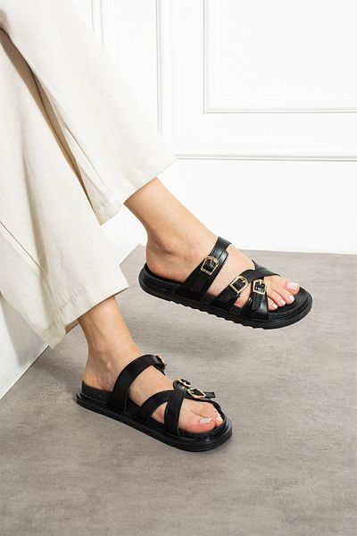 ShoeTek Beijing Women's Slippers Cross Strap Buckle Black Leather