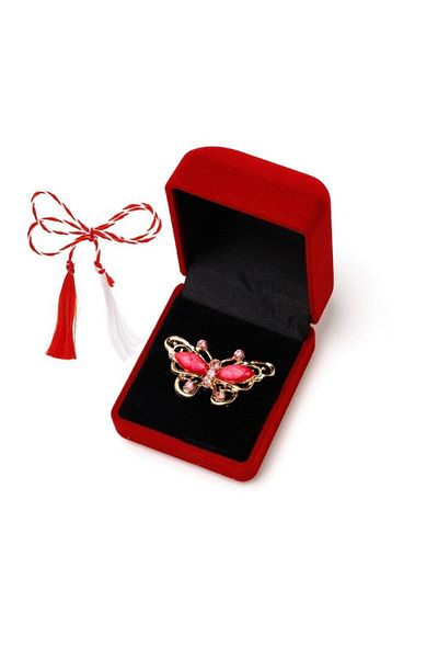 OEM Martisor brosa cu pietre fatetate si strasuri in cutie de catifea, fluture roz