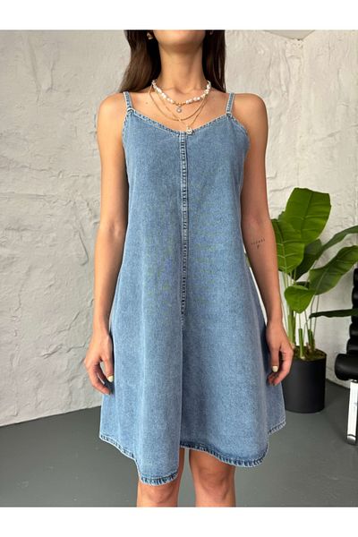 Elif Özbey Butik Blue Strap Short Jean Dress