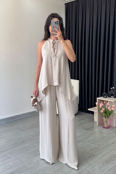 ECEMİ Alya Mink Asymmetric Blouse Trousers Set