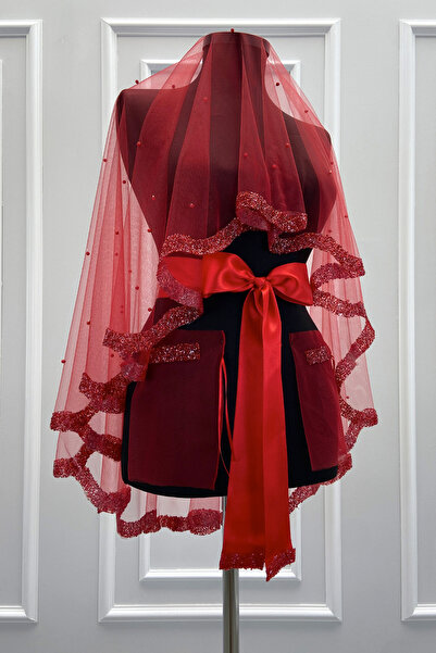 ZEYMERADE طقم حجاب زفاف أحمر مع خرز زجاجي ولؤلؤ، طقم حجاب ليلي حناء 6 قطع