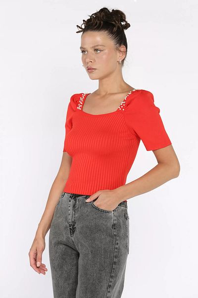 GÜLSELİ Red Pearl Detailed Short Sleeve Knitwear Blouse