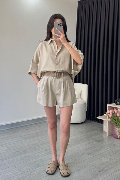 ECEMİ Vesper Belted Natural Linen Shirt Shorts Set