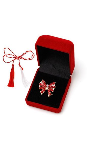 OEM Martisor brosa cu strasuri in cutie de catifea, fundita rosu