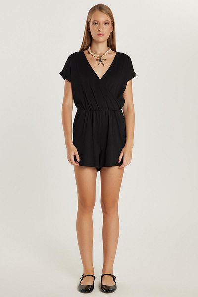 Tudors Women's Regular Fit Short Sleeve V Neck Black Jumpsuit