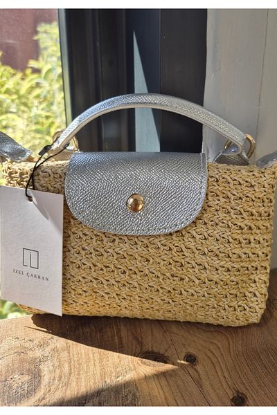 İzel Çakran Georgina Silver Cover Detailed Summer Mini Straw Hand & Shoulder Bag