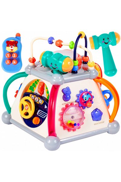 ideal STORE Cub Educativ LITTLE JOY BOX Dimensiuni 30 x 30 x 27 cm, Include 5 pereti cu functii diferite, Microf