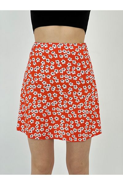 Miss Poem Women's Floral Patterned Red Mini Skirt