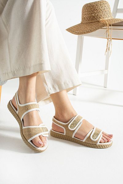 WEBORN Women's Daily Single Velcro Straw Detailed Sandals Summer Anti-Sweat Comfortable Sole Linen Slippers