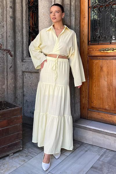 GÜLSELİ Yellow Women's Tie-Up Blouse Skirt Double Set (Lining Is Recommended for Use)
