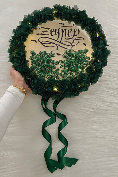 ZEYMERADE Yeşil Ledli Şeffaf Kaligrafi Gelin Tefi 32cm Vip Güpürlü Ve 3d Çiçe...