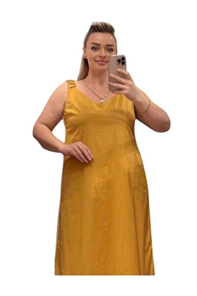 TESSY KADIN BÜYÜK BEDEN ASKILI YIRTMAÇLI ELBİSE