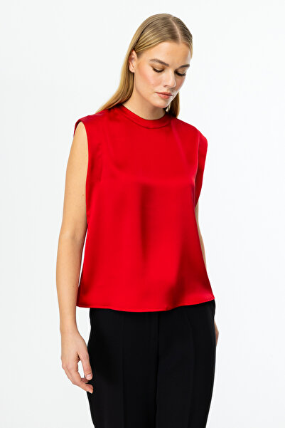 Mi Pret a Porter Mi Sıfır Yaka Kolsuz Saten Bluz