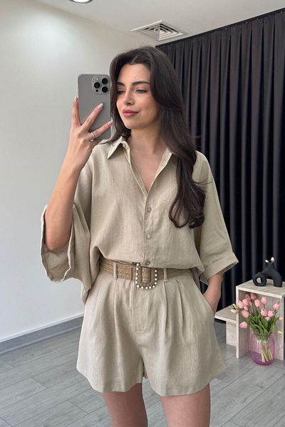 ECEMİ Vesper Belted Natural Linen Shirt Shorts Set
