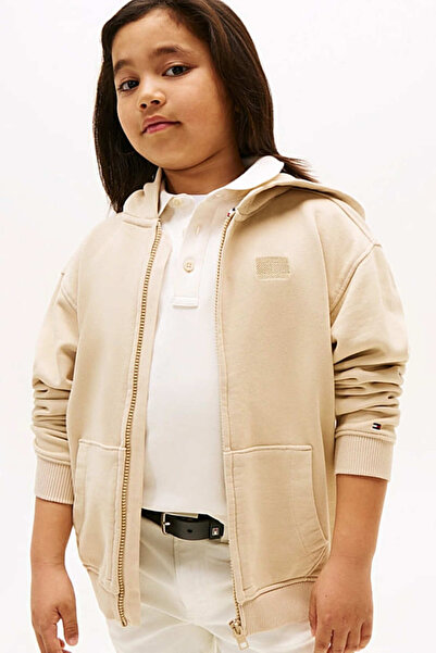 Tommy Hilfiger Erkek Çocuk Regular Fit Kapüşonlu Fermuarlı Tonal Logolu Sweatshirt - Bej