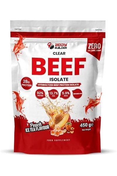 Body Builder ISO Beef Clear Protein, Ice Tea Peach Flavor, 28g Hydrolyzed Beef Isolate per Scoop, Su