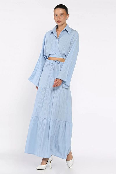 GÜLSELİ Baby Blue Women's Tie-Up Blouse Skirt Double Set (Lining Is Recommended for Use)