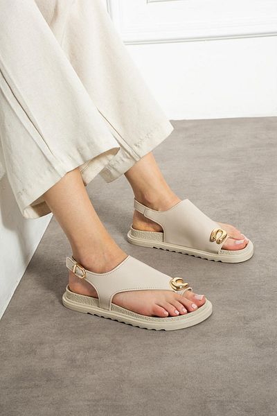 ShoeTek Wespa Women's Slippers Flip Flops Buckle Beige Leather