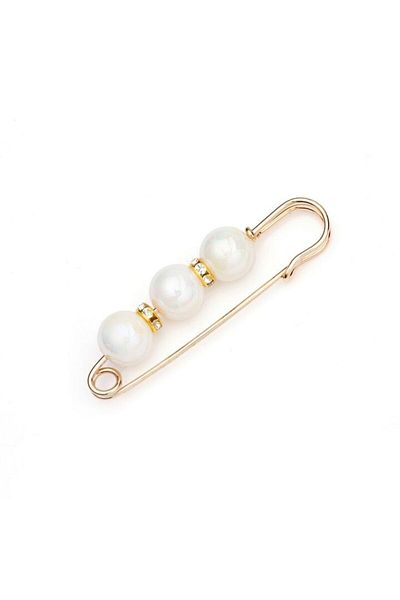 OEM Martisor women's safety pin brooch with 3 white pearl beads and rhinestones, 8 cm
