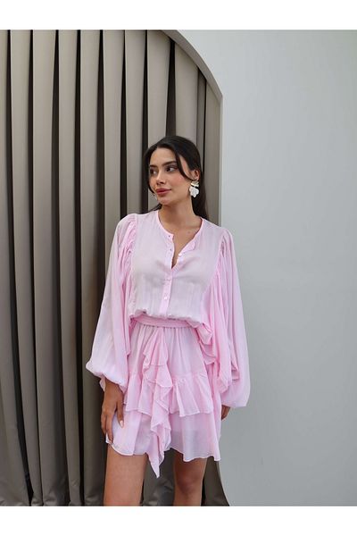 ESRAHELVACI Belted Long Sleeve Ruffle Mini Dress