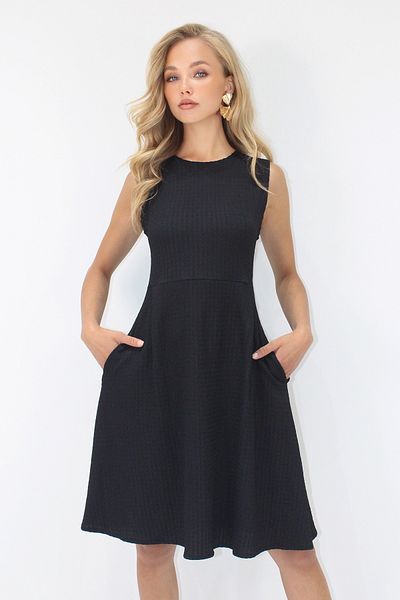 VAGGON Women's Black Crew Neck Double Pocket Pleated Wrap Midi Length Dress Prmx14175