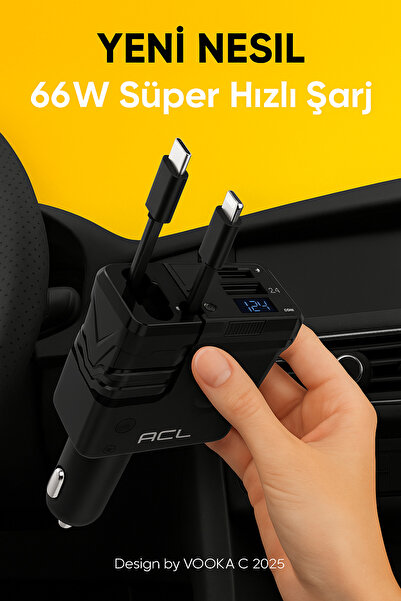 VOOKA 66W Geri Çekilebilir Araç Şarj Cihazı | USB-A USB-C Lightning | Dijital Voltaj Ekranı