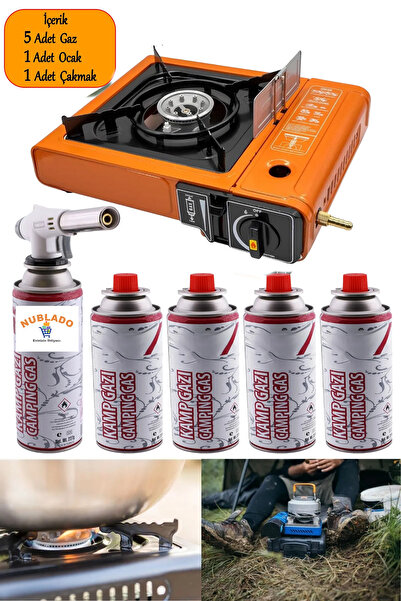 NUBLADO Taşınabilir Portatif Kamp Ocağı Tek Gözlü 5 Adet Gaz Kartuşlu Tüp Uyu...