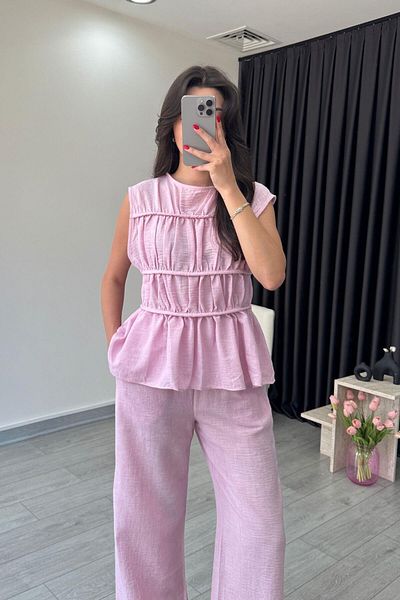 ECEMİ Via Pink Linen Blouse Trousers Set