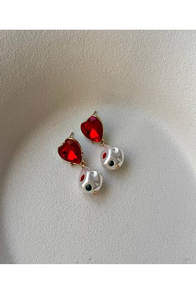 mos&more Gold Red Heart Pearl Stylish Women's Earrings