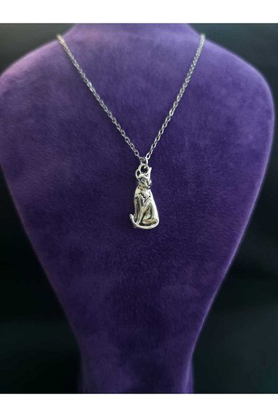 sarıyer silver Cat Model Pet Cat Themed Stylish Minimal Style Steel Pendant and Steel Chain Necklace